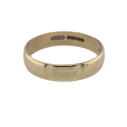 Celebrate timeless commitment with this pre-owned 9ct yellow gold wedding band ring, featuring a classic and elegant design with enduring everyday appeal—perfect as a wedding ring, anniversary band, or a versatile addition to any jewellery collection.

Design: The ring features a traditional polished wedding band profile measuring approximately 5mm wide, offering a balanced and timeless appearance. Its clean lines and classic styling create a sophisticated look that never goes out of fashion.