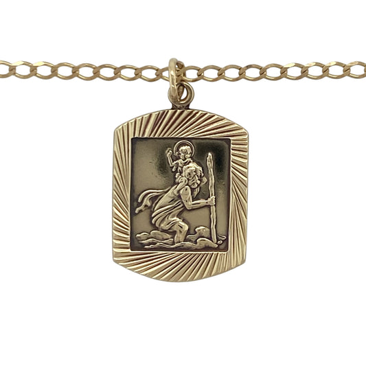 Add meaningful symbolism and timeless style to your jewellery collection with this pre-owned 9ct yellow gold St Christopher pendant necklace, featuring a distinctive curved rectangular design with enduring everyday appeal—perfect for gifting, travellers, or personal wear.

Design: The necklace features a curved rectangular St Christopher pendant measuring approximately 2.9cm in length including the bail.