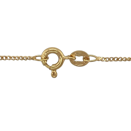 Add timeless simplicity and everyday versatility to your jewellery collection with this pre-owned 9ct yellow gold curb chain, featuring a classic design that is perfect for wearing alone, layering, or pairing with a favourite pendant.

Design: The chain features traditional curb links measuring approximately 1mm wide, creating a delicate and elegant appearance. The classic flat-link design offers subtle shine and timeless styling suitable for any occasion.