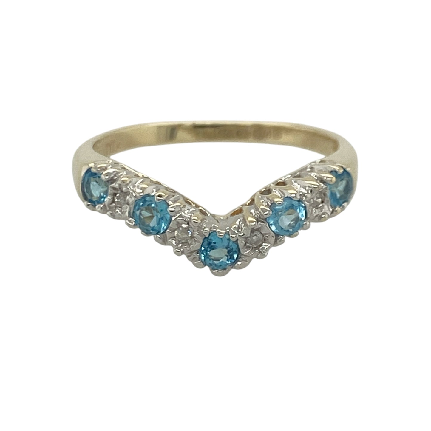 9ct Gold Diamond & Blue Topaz Wishbone Ring