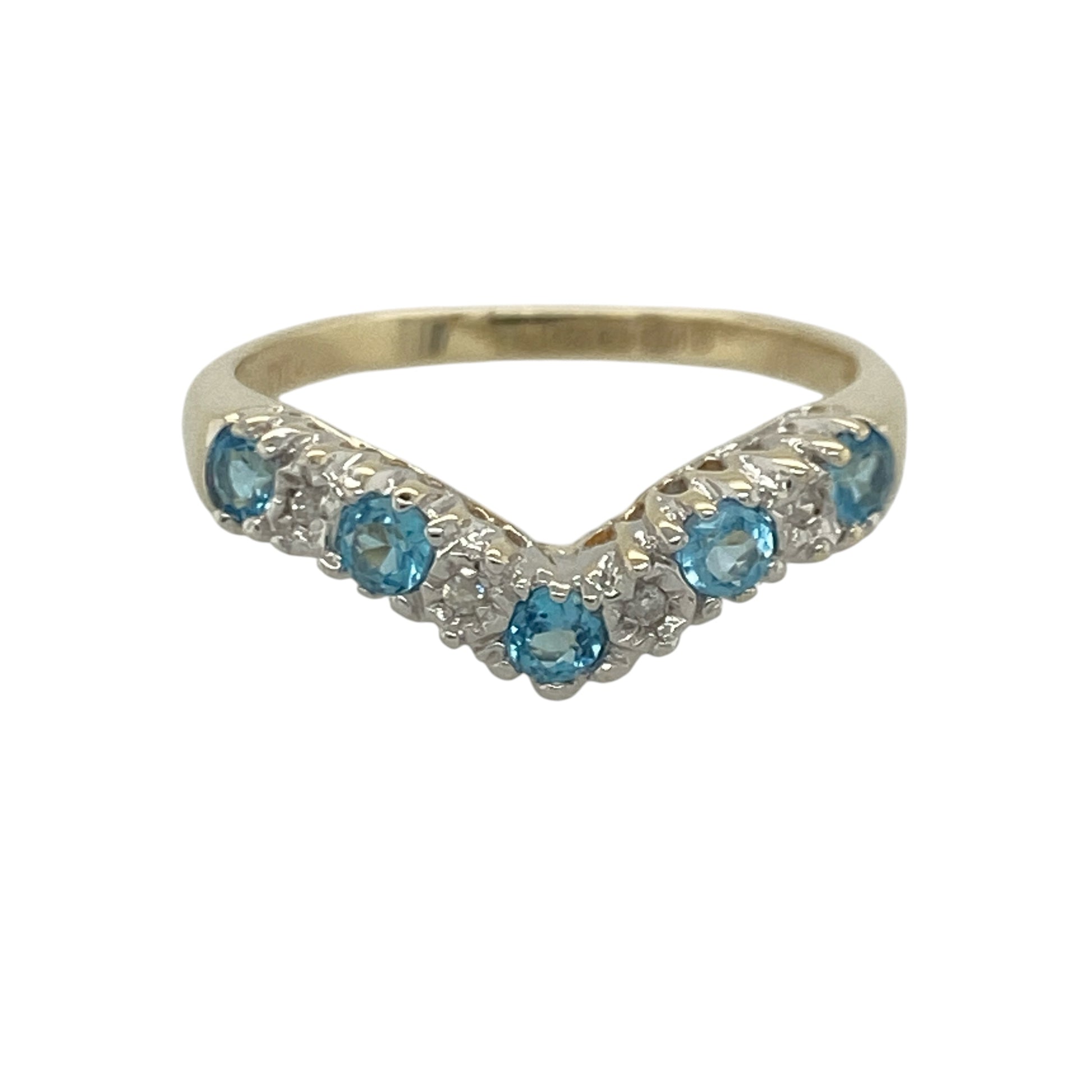 9ct Gold Diamond & Blue Topaz Wishbone Ring