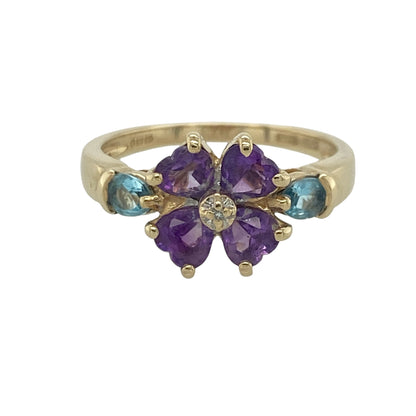9ct Gold Diamond Amethyst & Blue Topaz Flower Ring