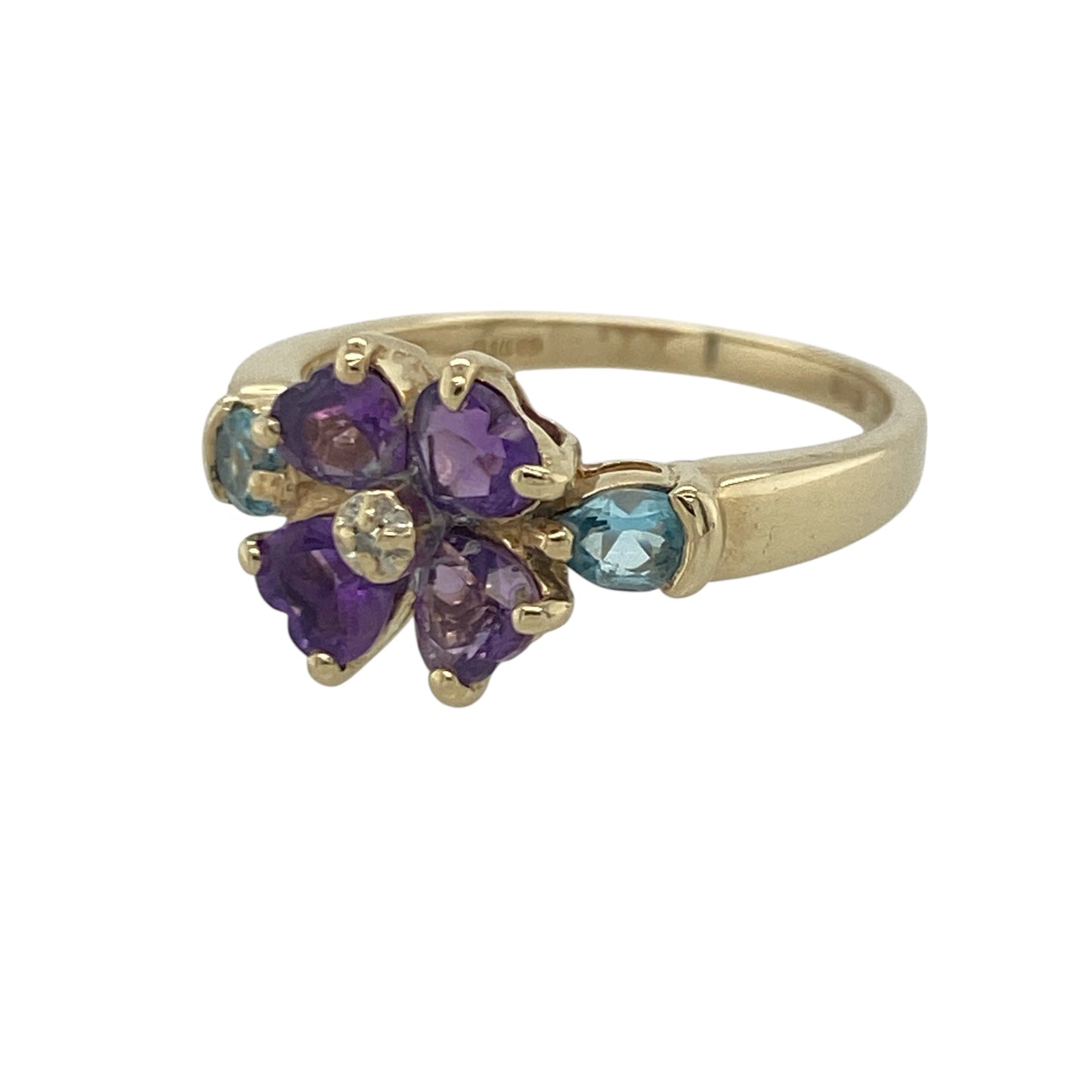 Add a vibrant touch of colour and sparkle to your jewellery collection with this pre-owned 9ct yellow gold diamond, amethyst and blue topaz flower ring, featuring a charming floral design with elegant everyday appeal—perfect for special occasions, gifting, or refined daily wear.

Design: The ring showcases a beautiful flower-inspired cluster design measuring approximately 9mm high at the front.