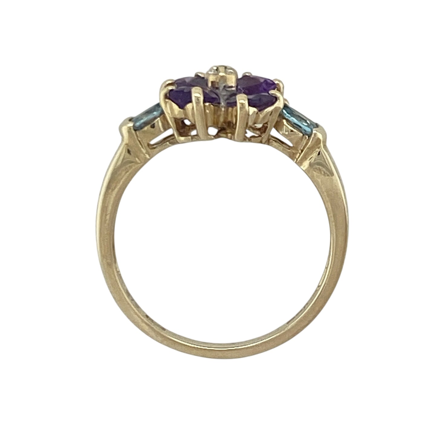 9ct Gold Diamond Amethyst & Blue Topaz Flower Ring