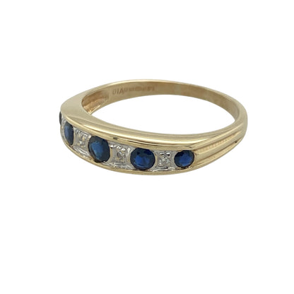 Add timeless elegance and vibrant colour to your jewellery collection with this pre-owned 9ct yellow gold diamond and sapphire band ring, featuring a classic design with refined everyday appeal—perfect for special occasions, gifting, or sophisticated daily wear.

Design: The ring features an attractive gemstone-set band measuring approximately 4mm wide at the front, showcasing a beautiful combination of sparkling diamonds and rich blue sapphires.