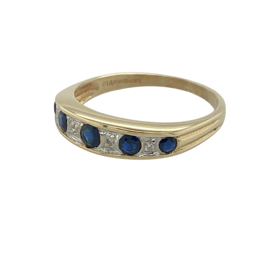 Add timeless elegance and vibrant colour to your jewellery collection with this pre-owned 9ct yellow gold diamond and sapphire band ring, featuring a classic design with refined everyday appeal—perfect for special occasions, gifting, or sophisticated daily wear.

Design: The ring features an attractive gemstone-set band measuring approximately 4mm wide at the front, showcasing a beautiful combination of sparkling diamonds and rich blue sapphires.