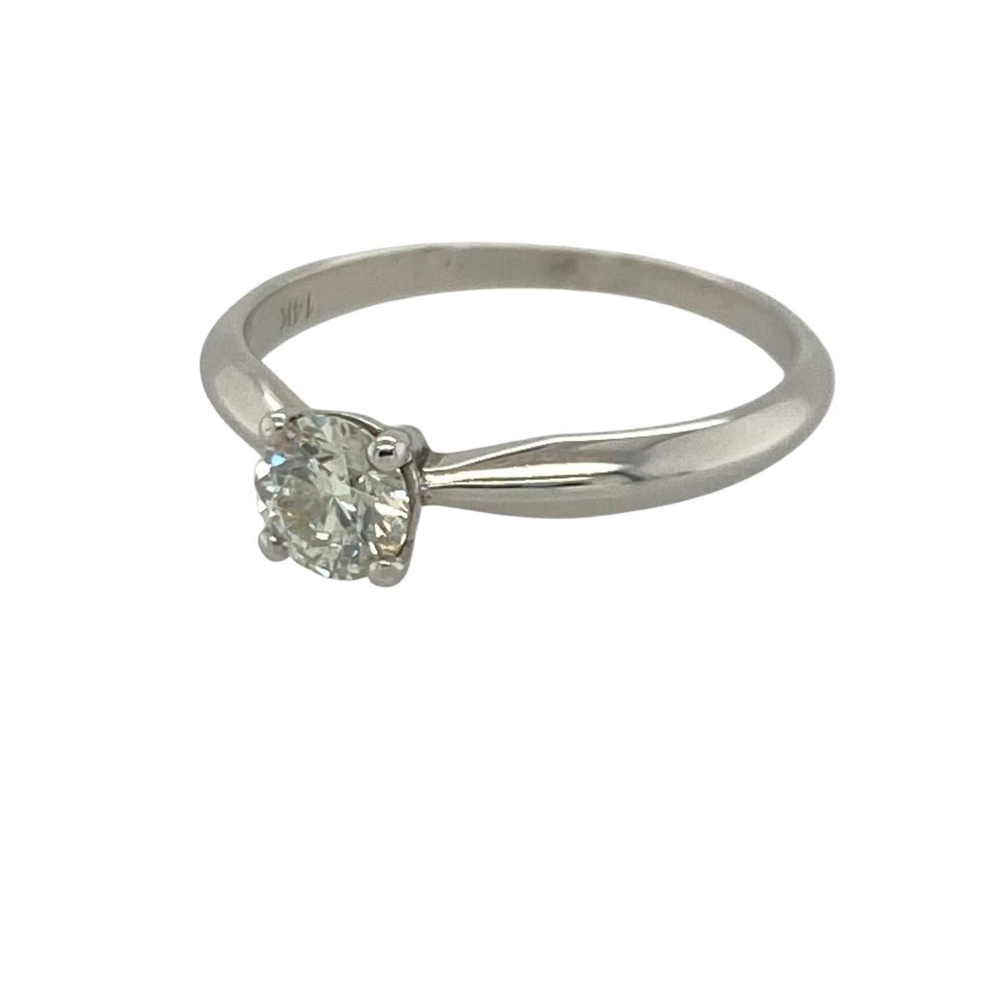 Add timeless elegance and impressive brilliance to your jewellery collection with this pre-owned 14ct white gold diamond solitaire ring, featuring a classic design with exceptional sparkle and enduring appeal—perfect for engagements, special occasions, or sophisticated everyday wear.

Design: The ring showcases a stunning brilliant cut diamond weighing approximately 0.44ct, creating a striking focal point with beautiful fire and brilliance.