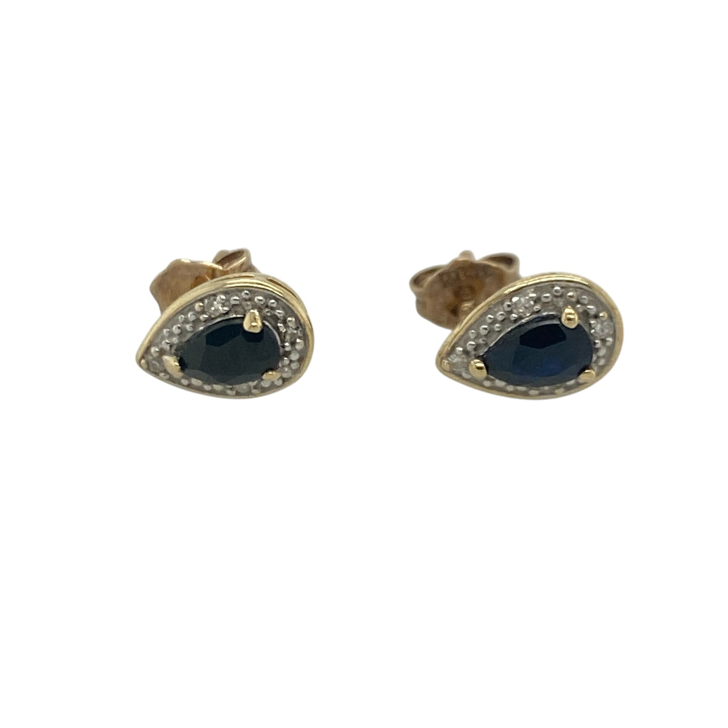 Add timeless elegance and vibrant colour to your jewellery collection with these pre-owned 9ct yellow gold diamond and sapphire cluster stud earrings, featuring a graceful gemstone design with sophisticated everyday appeal—perfect for special occasions, gifting, or refined daily wear.

Design: The earrings showcase beautiful teardrop-shaped sapphire gemstones, each measuring approximately 8mm by 6mm, surrounded by sparkling diamond accents in an elegant cluster setting