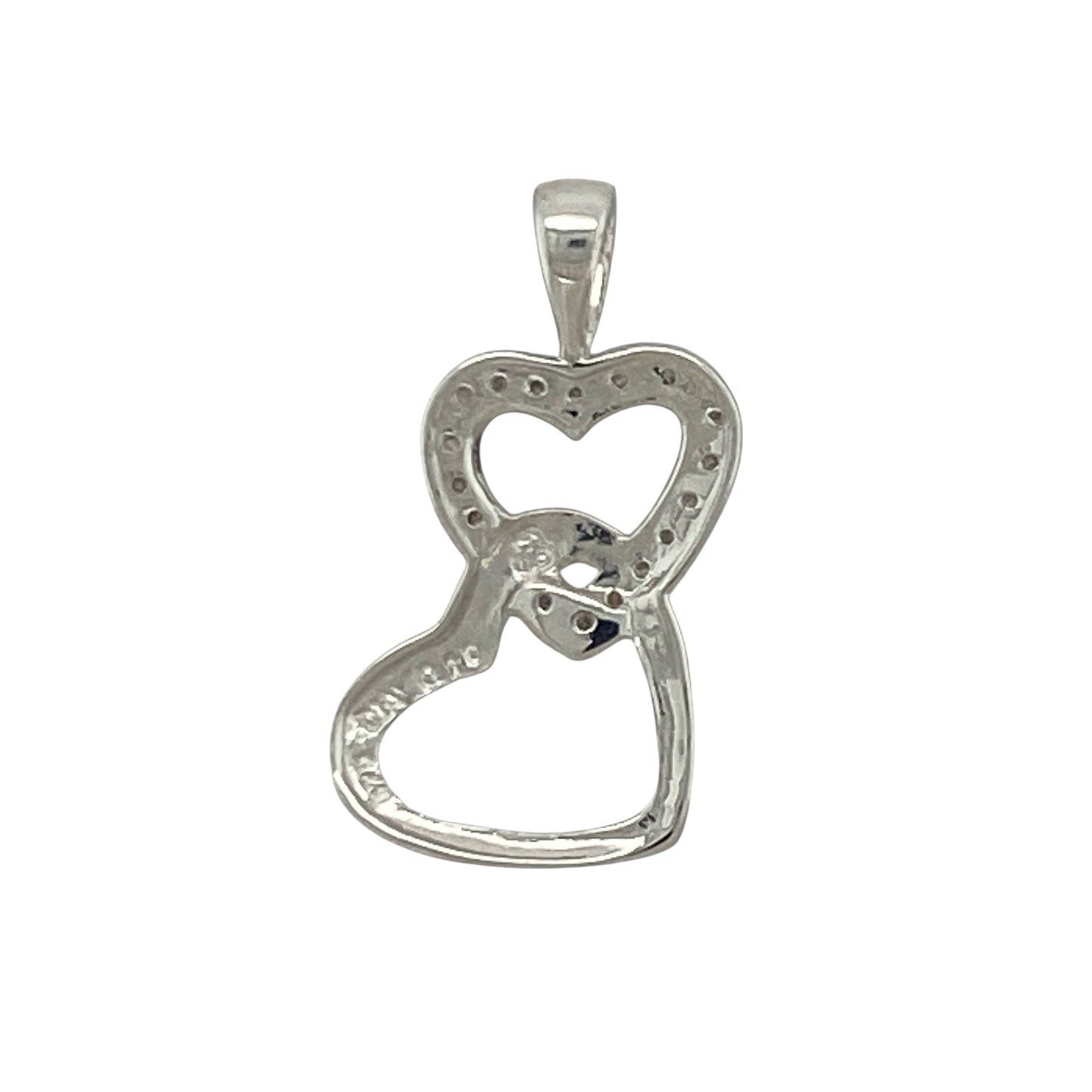 Add a touch of romance and timeless sparkle to your jewellery collection with this pre-owned 9ct white gold diamond open double heart pendant, featuring an elegant symbolic design with refined everyday appeal—perfect for gifting, anniversaries, or meaningful daily wear.

Design: The pendant showcases two interlocking open hearts, creating a beautiful symbol of love, connection, and togetherness.