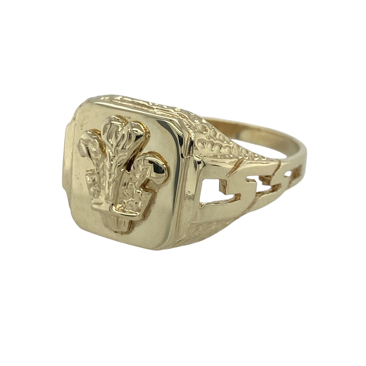 Celebrate Welsh heritage with this pre-owned 9ct yellow gold Welsh Three Feathers square signet ring, featuring a bold traditional design with distinctive character and timeless appeal—perfect for collectors, gifting, or everyday wear.

Design: The ring showcases a striking square signet face measuring approximately 13mm high, engraved with the iconic Welsh Three Feathers emblem.