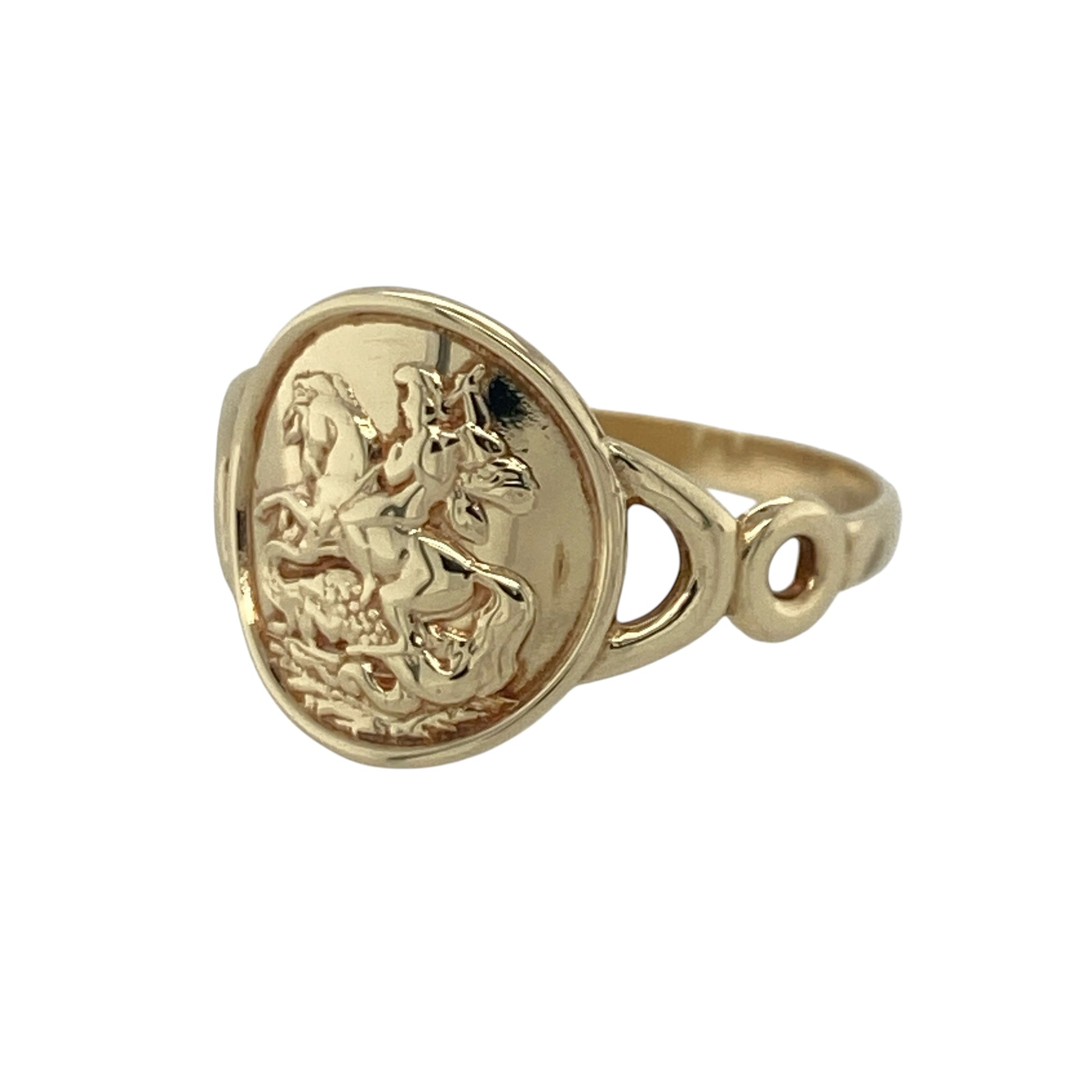 Add a touch of heritage-inspired style to your jewellery collection with this pre-owned 9ct yellow gold George and the Dragon coin style ring, featuring a classic design with timeless character and everyday appeal—perfect for collectors, gifting, or those who appreciate traditional symbolism.

Design: The ring showcases a detailed George and the Dragon coin-style motif at the front, measuring approximately 12mm high.