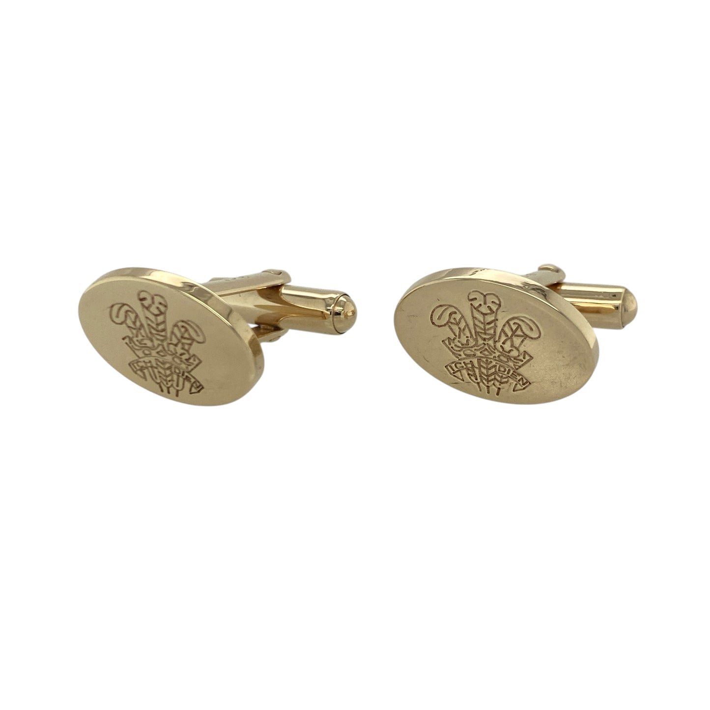 Add a distinguished touch of Welsh heritage and timeless sophistication to your collection with these pre-owned 9ct yellow gold Welsh Three Feathers oval cufflinks, featuring a classic design with exceptional craftsmanship—perfect for formal occasions, gifting, or collectors of heritage jewellery.

Design: The cufflinks feature elegant oval faces measuring approximately 18mm by 13mm each, beautifully showcasing the iconic Welsh Three Feathers emblem.
