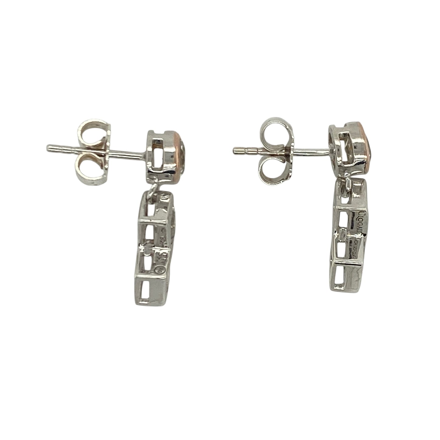 Add a touch of Welsh-inspired elegance and sparkling sophistication to your jewellery collection with these pre-owned sterling silver, 9ct rose gold and white topaz Clogau three stone drop earrings, featuring a graceful design with timeless appeal—perfect for special occasions, gifting, or refined everyday wear.

Design: The earrings feature an elegant three-stone drop design measuring approximately 20mm in length.