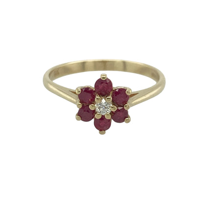 9ct Gold Diamond & Ruby Flower Cluster Ring
