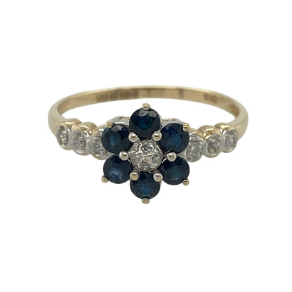 9ct Gold Diamond & Sapphire Flower Cluster Ring