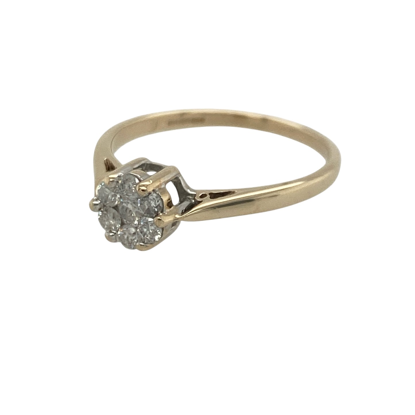 Add timeless sparkle and classic elegance to your jewellery collection with this pre-owned 9ct yellow gold diamond cluster ring, featuring a delicate design with refined everyday appeal—perfect for special occasions, gifting, or sophisticated daily wear.

Design: The ring showcases a charming round diamond cluster, creating a beautiful focal point with impressive brilliance.