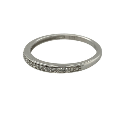 Add subtle sparkle and timeless elegance to your jewellery collection with this pre-owned 18ct white gold diamond band ring, featuring a delicate design with refined everyday appeal—perfect for anniversaries, weddings, stacking, or sophisticated daily wear.

Design: The ring features a slim diamond-set band measuring approximately 2mm wide at the front, creating a delicate and elegant appearance.