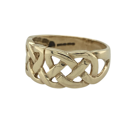 Celebrate timeless heritage and distinctive style with this pre-owned 9ct yellow gold Celtic knot wide band ring, featuring a bold design with meaningful symbolism and enduring appeal—perfect for everyday wear, gifting, or adding a touch of Celtic tradition to your jewellery collection.

Design: The ring showcases an impressive wide band design measuring approximately 9mm across the front, adorned with an intricate Celtic knot pattern.