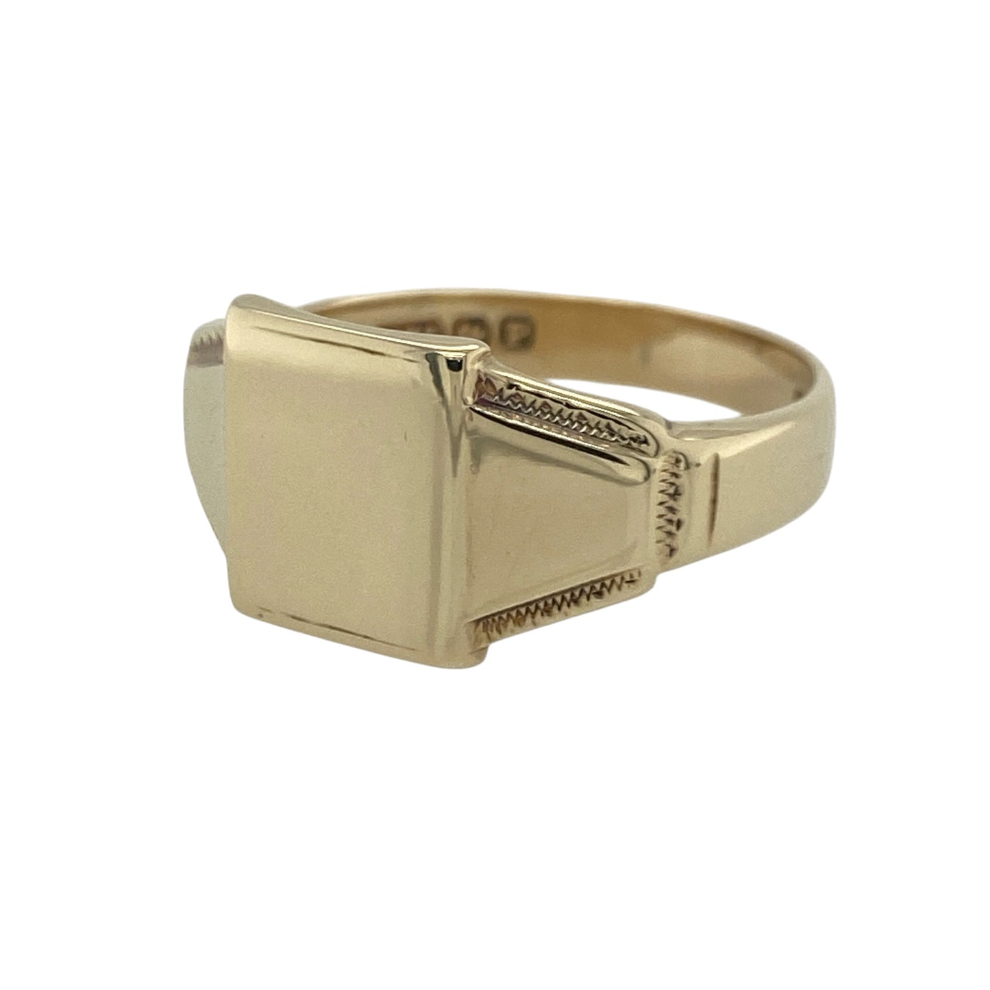 Make a bold and timeless statement with this pre-owned 9ct yellow gold rectangle signet ring, featuring a classic design with enduring appeal—perfect for everyday wear, gifting, or adding a distinguished piece to any jewellery collection.

Design: The ring showcases a traditional rectangular signet face measuring approximately 11mm high, creating a strong and sophisticated focal point.