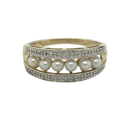 9ct Gold Diamond & Pearl Band Ring