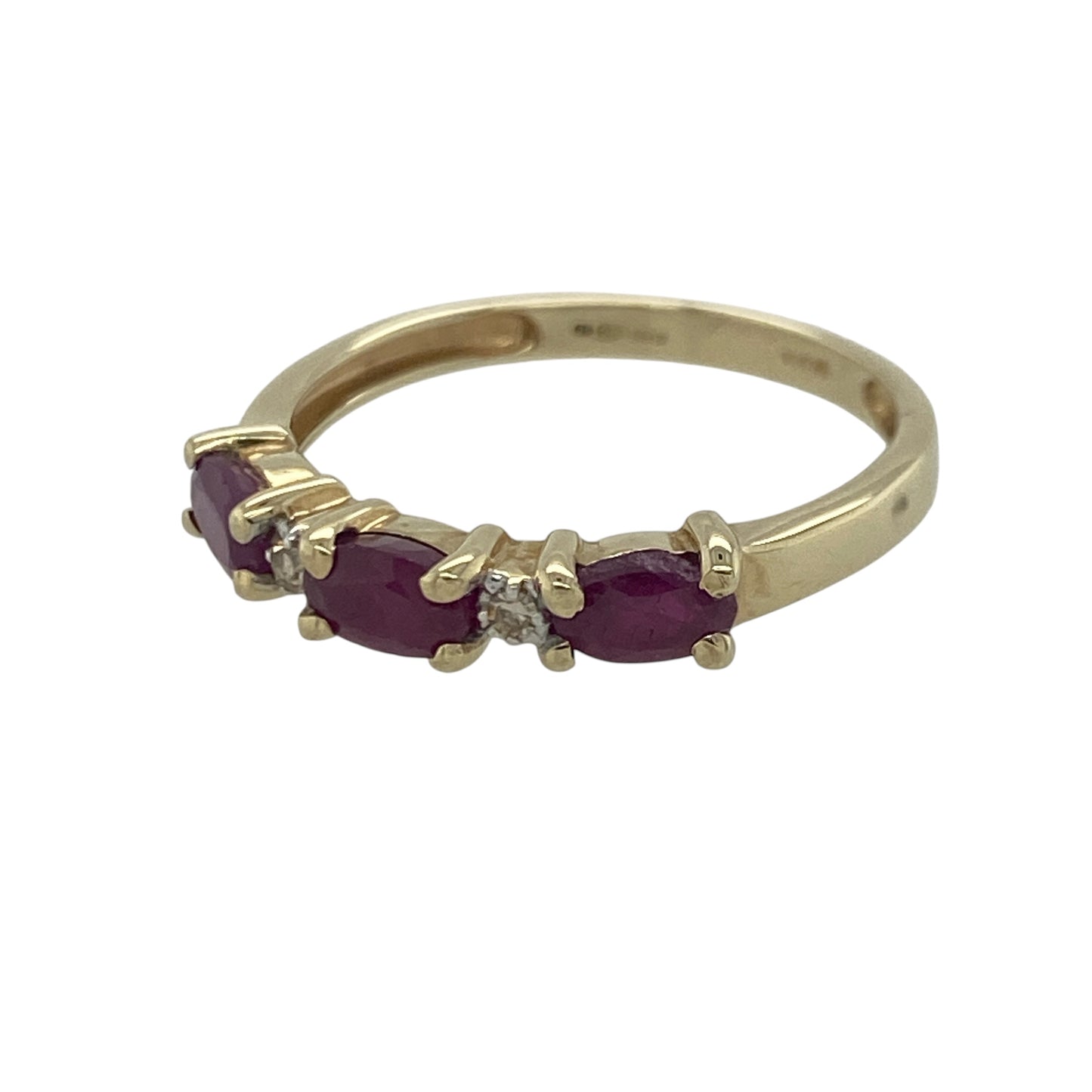 Add a touch of vibrant colour and timeless elegance to your jewellery collection with this pre-owned 9ct yellow gold diamond and ruby band ring, featuring a classic gemstone design with refined everyday appeal—perfect for special occasions, gifting, or sophisticated daily wear.

Design: The ring showcases a beautiful arrangement of oval ruby gemstones, each measuring approximately 5mm by 3mm, creating a striking display of rich red colour across the band.