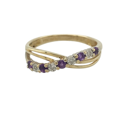 9ct Gold Diamond & Amethyst Crossover Band Ring