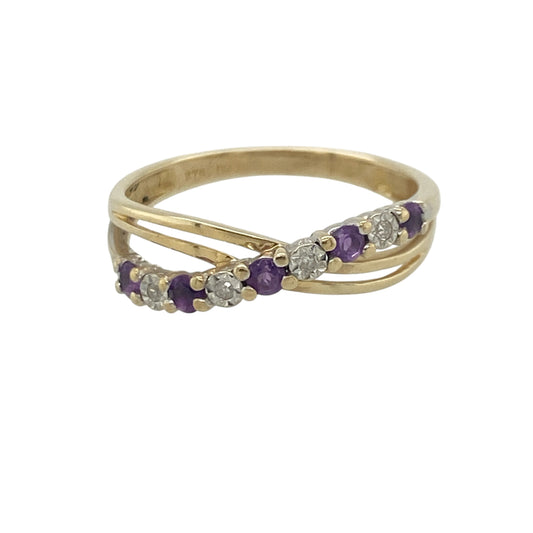 9ct Gold Diamond & Amethyst Crossover Band Ring