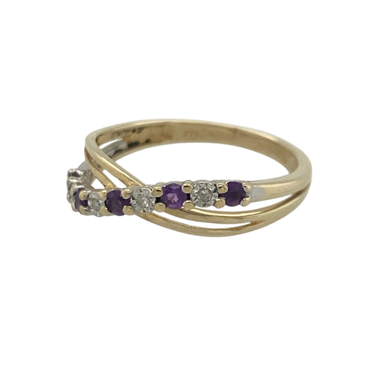 Add a touch of vibrant colour and elegant sparkle to your jewellery collection with this pre-owned 9ct yellow gold diamond and amethyst crossover band ring, featuring a graceful design with refined everyday appeal—perfect for special occasions, gifting, or sophisticated daily wear.

Design: The ring showcases an attractive crossover band design measuring approximately 4mm wide at the front.