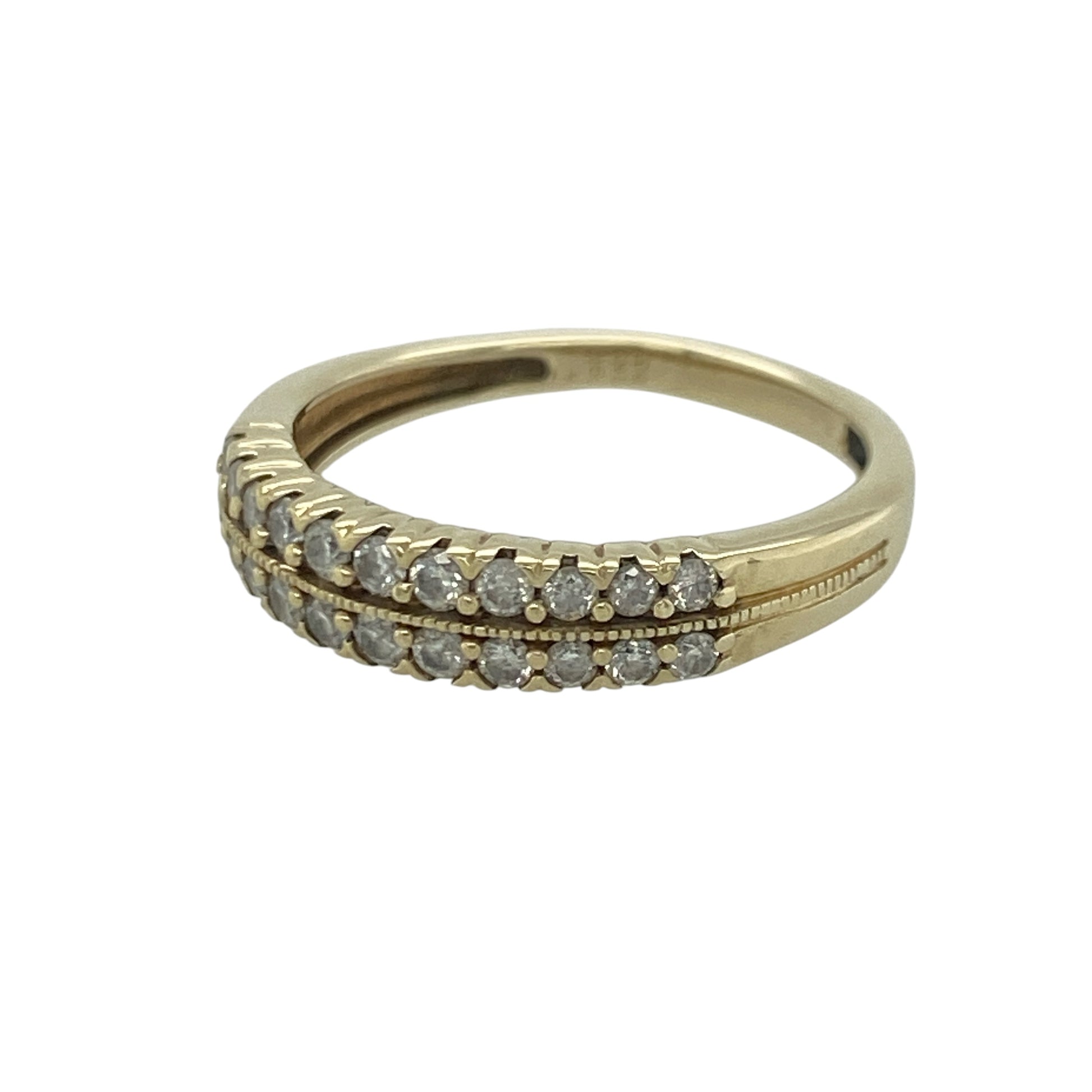Add timeless sparkle and elegant sophistication to your jewellery collection with this pre-owned 9ct yellow gold diamond double row band ring, featuring a beautifully crafted design with refined everyday appeal—perfect for anniversaries, special occasions, or luxurious daily wear.

Design: The ring showcases a stylish double row diamond-set band measuring approximately 4mm wide.