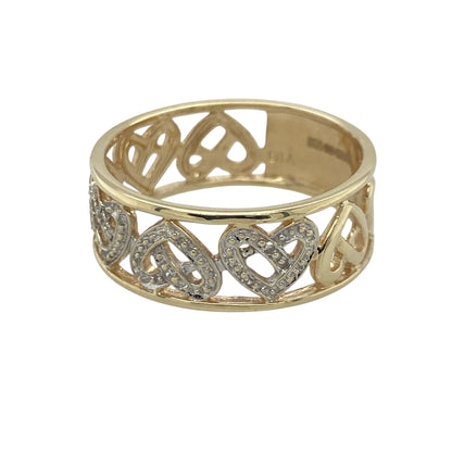 Celebrate love, heritage, and timeless style with this pre-owned 9ct yellow and white gold diamond heart Celtic band ring, featuring a beautifully detailed design with meaningful everyday appeal—perfect for gifting, special occasions, or treasured daily wear.

Design: The ring showcases an impressive 8mm wide band incorporating elegant heart motifs and intricate Celtic-inspired detailing.