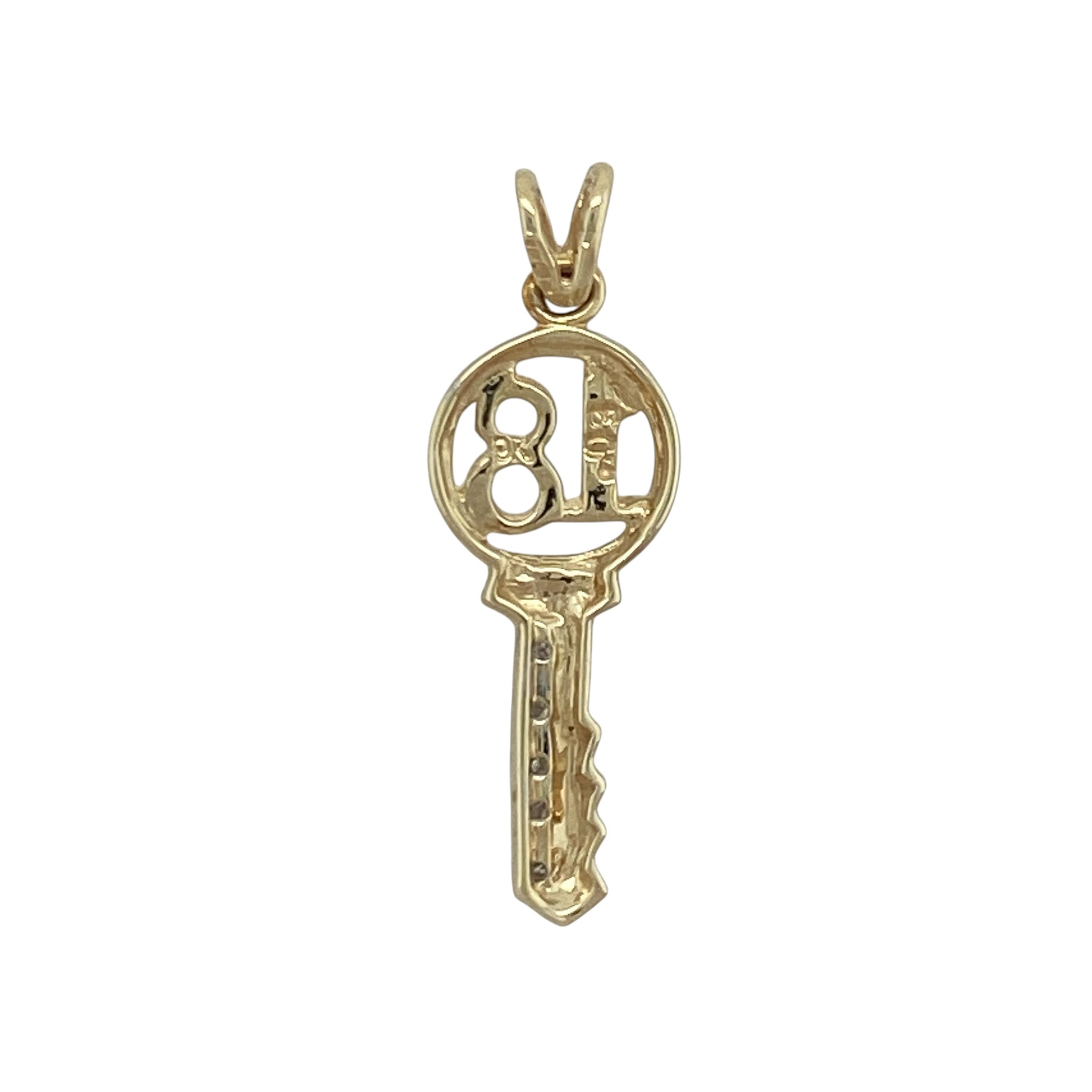 Celebrate a special milestone with this pre-owned 9ct yellow gold diamond '18' key pendant, featuring a meaningful design with timeless appeal—perfect as an 18th birthday gift, keepsake, or treasured addition to any jewellery collection.

Design: The pendant is crafted in the classic key shape and features the number '18' incorporated into the design, symbolising the important milestone of reaching adulthood.