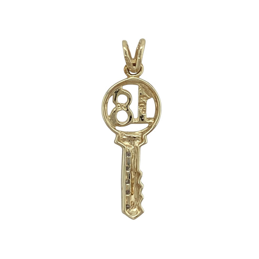Celebrate a special milestone with this pre-owned 9ct yellow gold diamond '18' key pendant, featuring a meaningful design with timeless appeal—perfect as an 18th birthday gift, keepsake, or treasured addition to any jewellery collection.

Design: The pendant is crafted in the classic key shape and features the number '18' incorporated into the design, symbolising the important milestone of reaching adulthood.