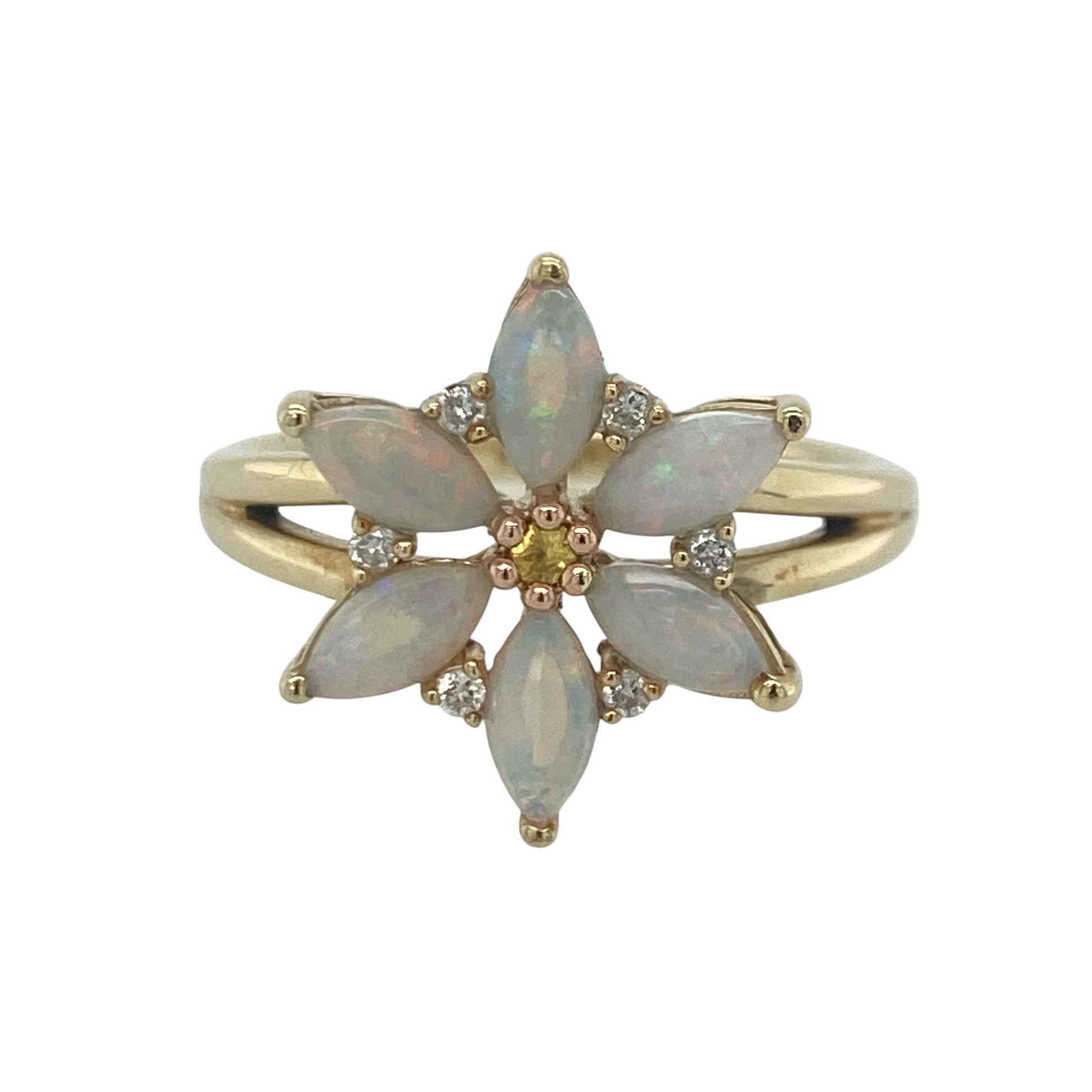 9ct Gold Opalique Topaz & Diamond Clogau Flower Ring