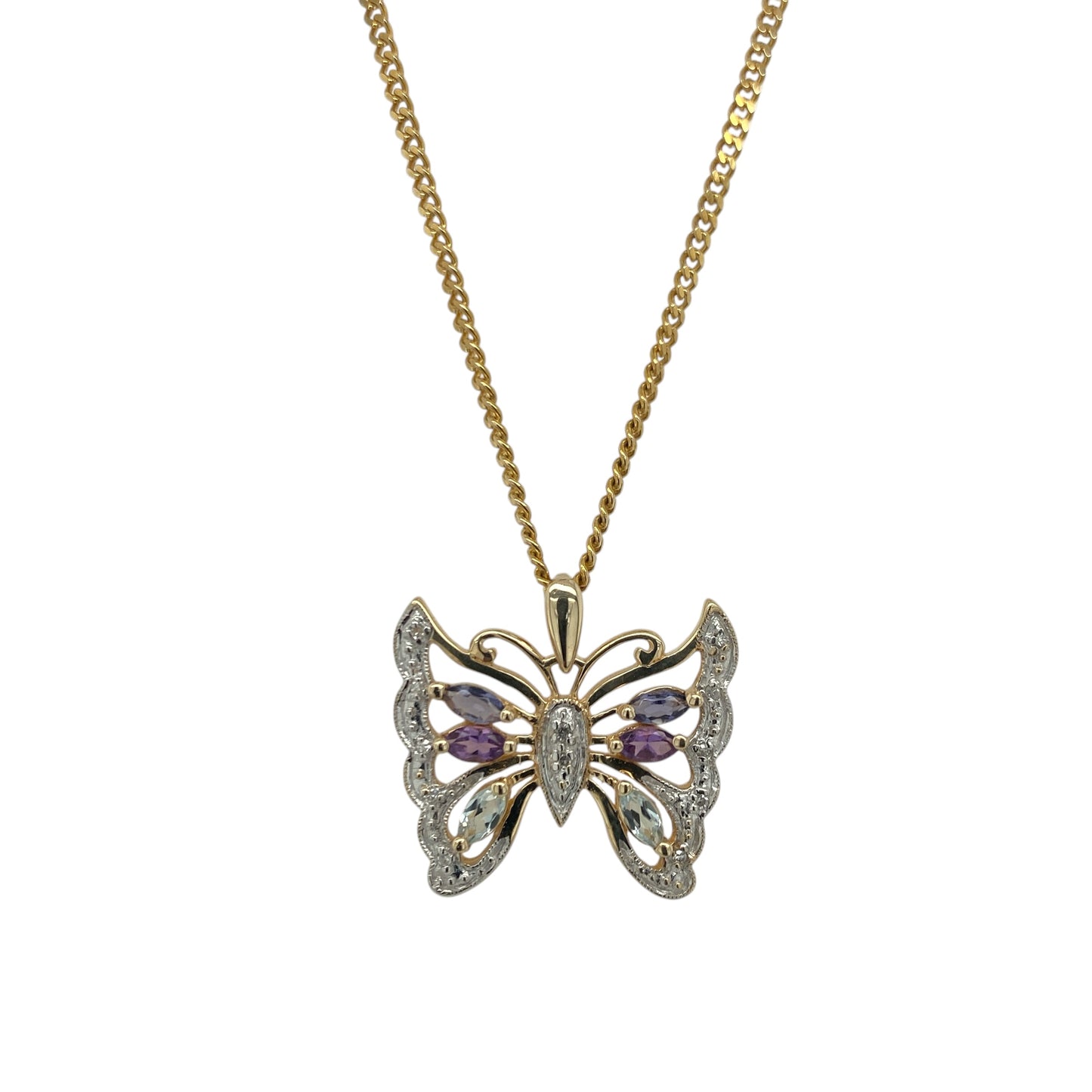 9ct Gold Diamond Amethyst & Blue Topaz Butterfly 18" Necklace