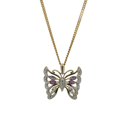 9ct Gold Diamond Amethyst & Blue Topaz Butterfly 18" Necklace
