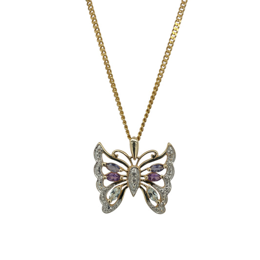 9ct Gold Diamond Amethyst & Blue Topaz Butterfly 18" Necklace