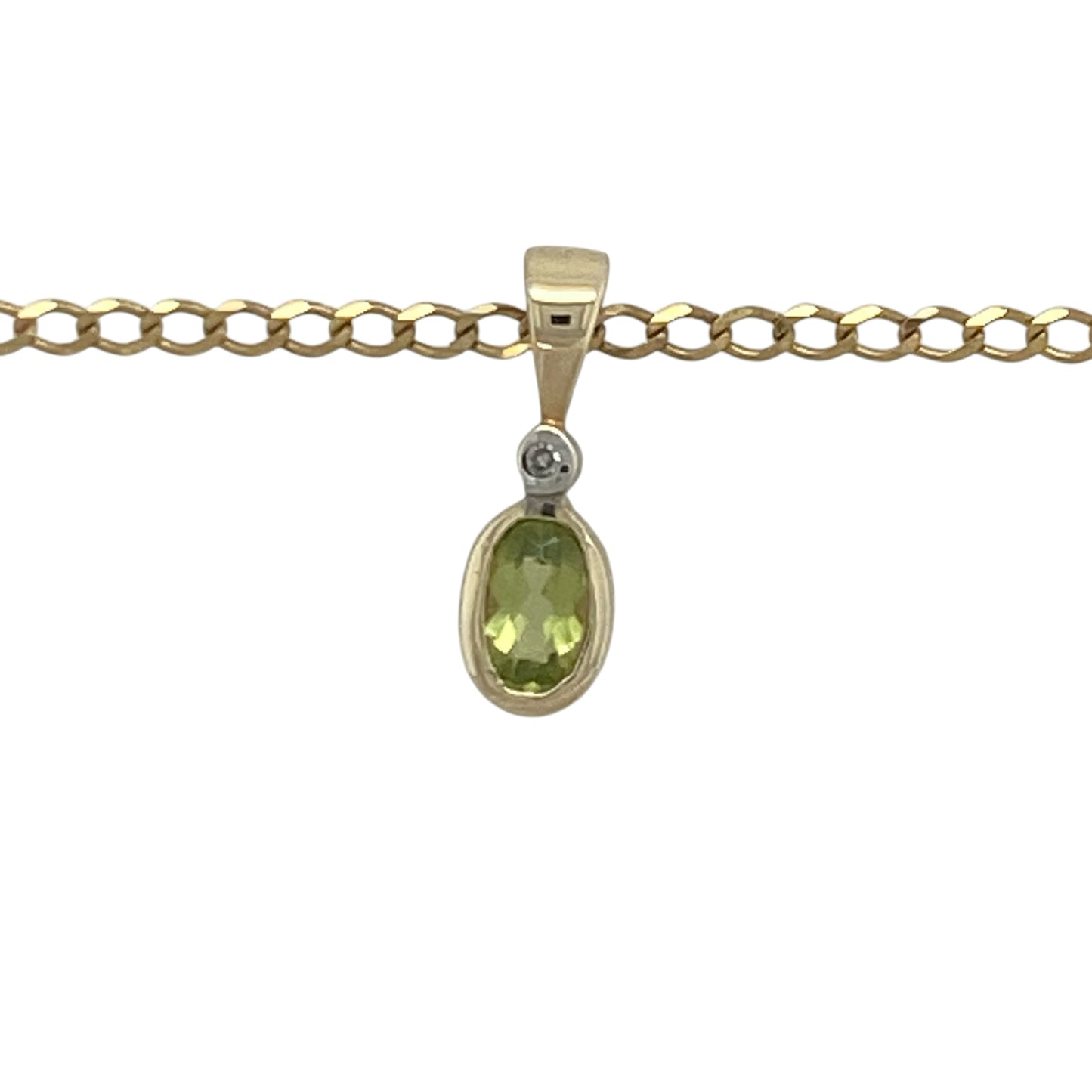 Add a touch of fresh colour and timeless elegance to your jewellery collection with this pre-owned 9ct yellow gold diamond and peridot oval pendant necklace, featuring a classic gemstone design with refined everyday appeal—perfect for gifting, special occasions, or daily wear.

Design: The necklace features a delicate oval pendant measuring approximately 1.3cm long including the bail.