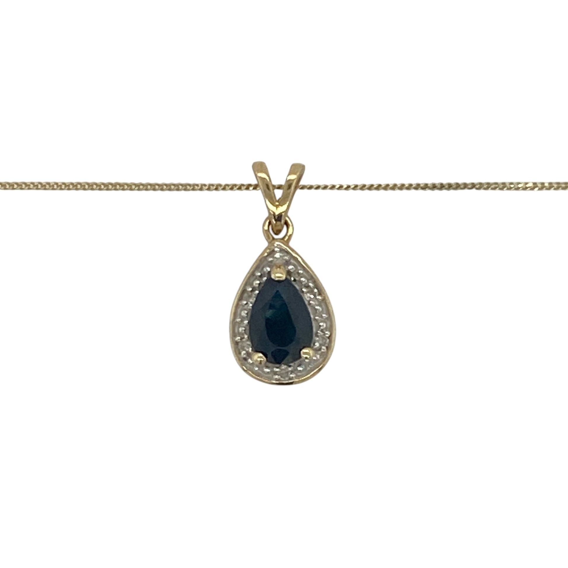 Add a touch of timeless elegance and rich colour to your jewellery collection with this pre-owned 9ct yellow gold diamond and sapphire teardrop pendant necklace, featuring a classic gemstone design with refined everyday appeal—perfect for gifting, special occasions, or daily wear.

Design: The necklace features a graceful teardrop-shaped pendant measuring approximately 1.5cm long including the bail.