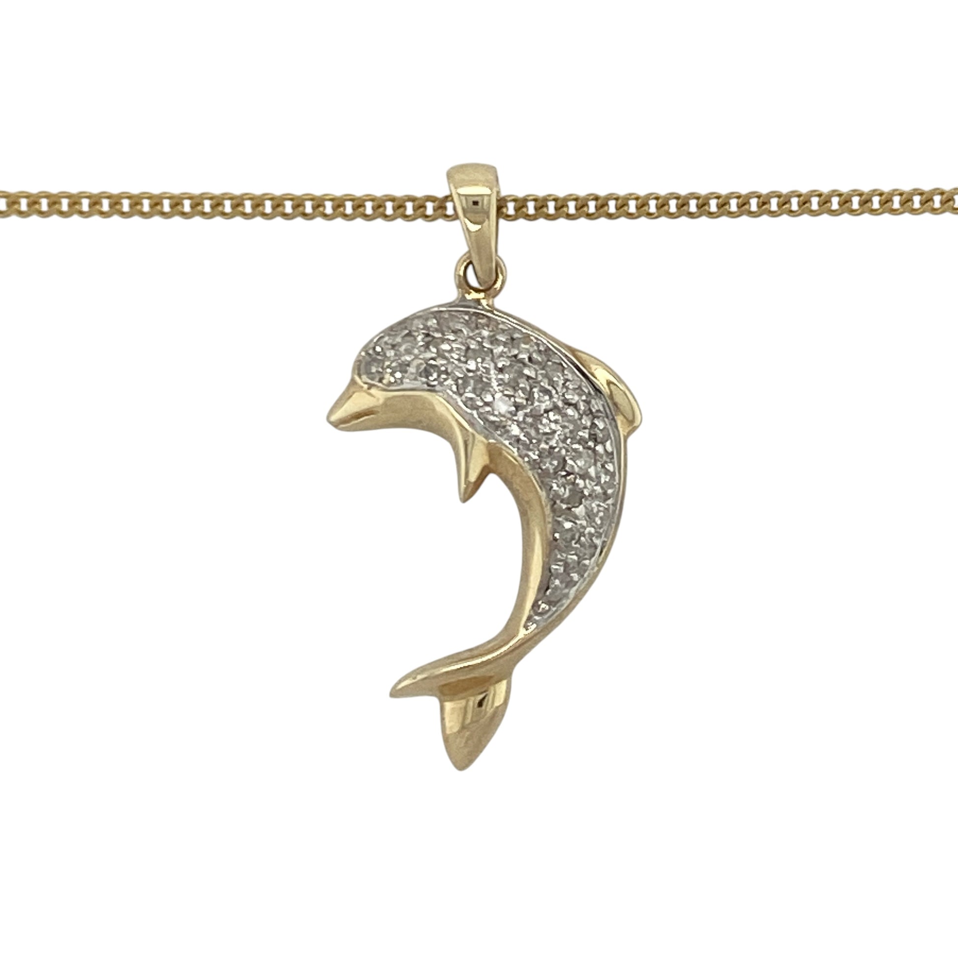 Add a touch of ocean-inspired elegance and sparkle to your jewellery collection with this pre-owned 9ct yellow gold diamond dolphin pendant necklace, featuring a graceful design with timeless appeal—perfect for gifting, special occasions, or everyday wear.

Design: The necklace features a beautifully crafted dolphin pendant measuring approximately 3cm long including the bail.