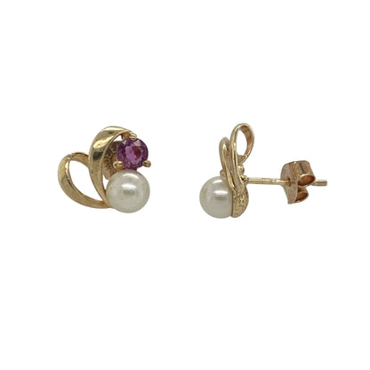 9ct Gold Ruby & Pearl Heart Stud Earrings