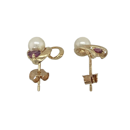9ct Gold Ruby & Pearl Heart Stud Earrings