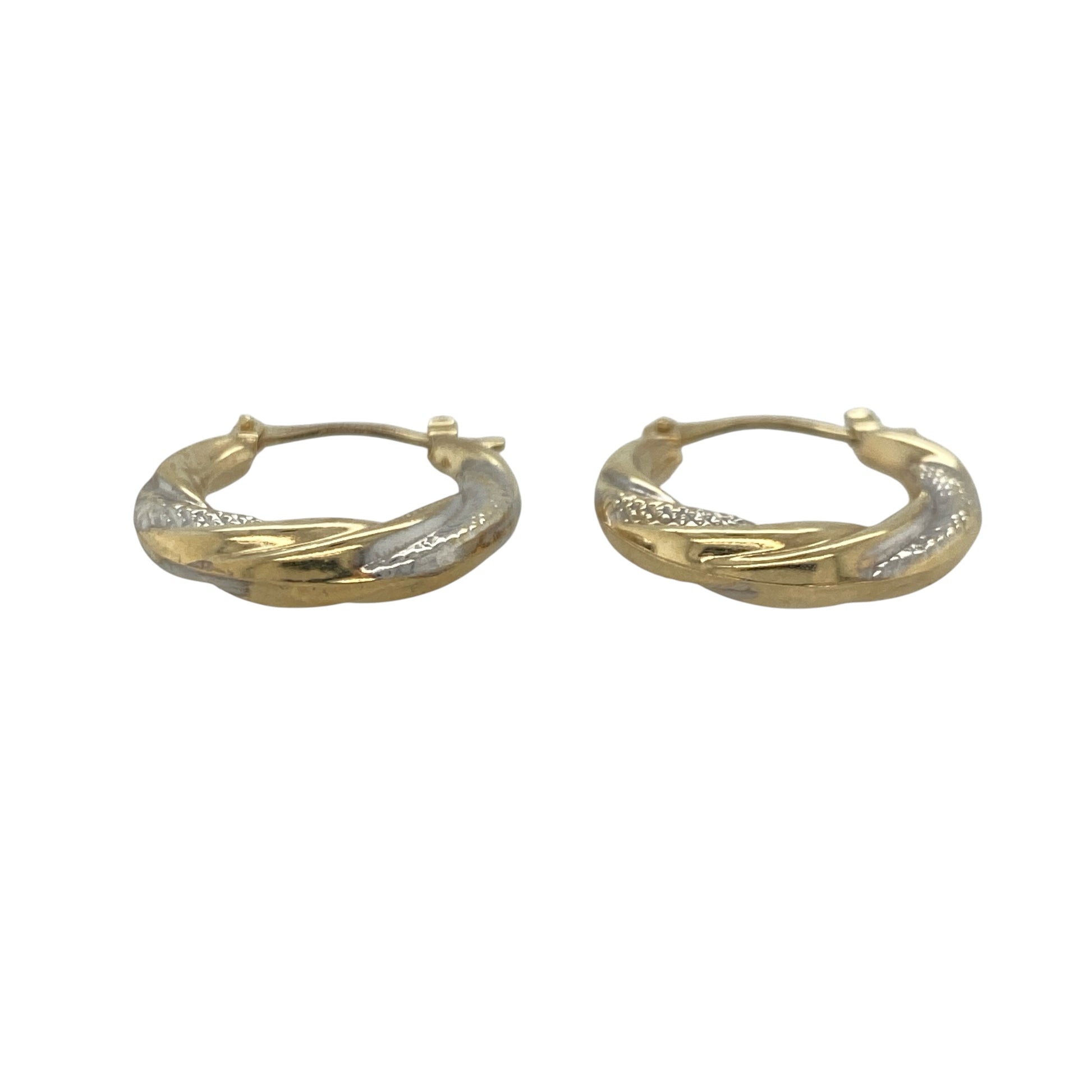Add a touch of sophistication to your jewellery collection with these pre-owned 9ct yellow and white gold textured twisted hoop creole earrings, featuring an elegant two-tone design with timeless appeal—perfect for everyday wear, special occasions, or gifting.

Design: The earrings showcase a stylish twisted hoop creole design, enhanced by textured detailing that catches and reflects the light beautifully.
