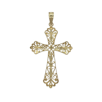 Celebrate faith and timeless elegance with this pre-owned 9ct yellow and white gold open filigree cross pendant, featuring intricate detailing and a beautifully crafted two-tone design—perfect for everyday wear, gifting, or as a meaningful keepsake.

Design: The pendant showcases a classic cross motif enhanced with delicate open filigree detailing.