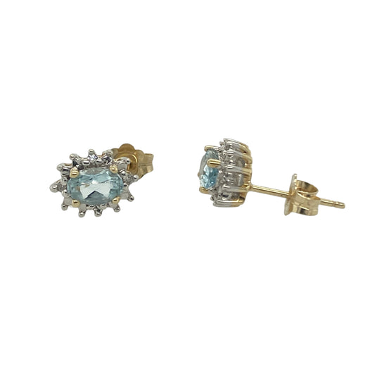 9ct Gold Diamond & Aqua Cluster Stud Earrings