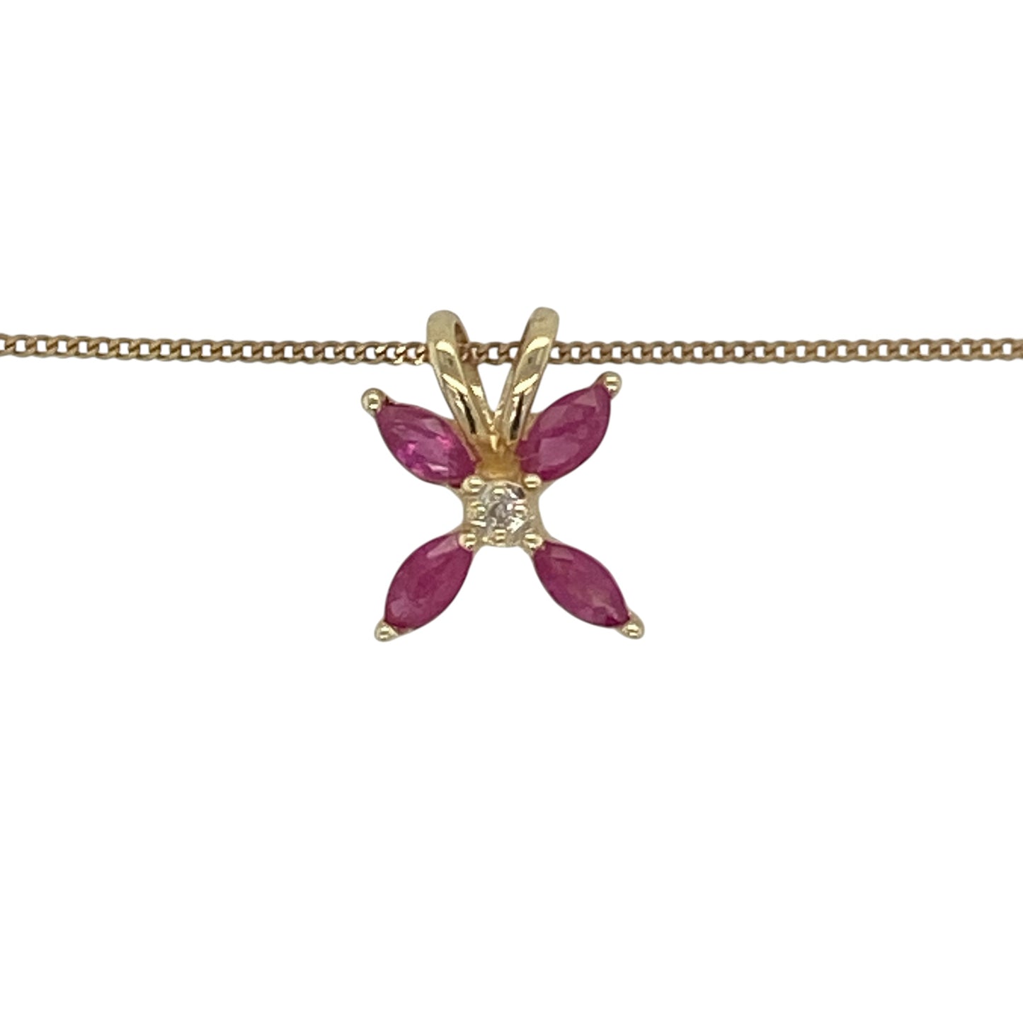 Add a touch of elegance and symbolism to your jewellery collection with this pre-owned 9ct yellow gold diamond and ruby butterfly pendant necklace. Featuring sparkling diamonds and vibrant rubies within a delicate butterfly design, this charming necklace is perfect for everyday wear or as a meaningful gift.

Design: The pendant showcases a beautifully detailed butterfly motif, symbolising transformation, beauty, and new beginnings.