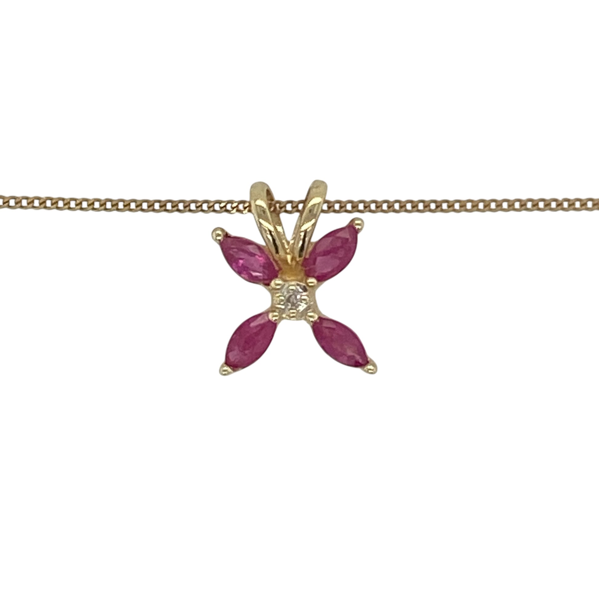 Add a touch of elegance and symbolism to your jewellery collection with this pre-owned 9ct yellow gold diamond and ruby butterfly pendant necklace. Featuring sparkling diamonds and vibrant rubies within a delicate butterfly design, this charming necklace is perfect for everyday wear or as a meaningful gift.

Design: The pendant showcases a beautifully detailed butterfly motif, symbolising transformation, beauty, and new beginnings.