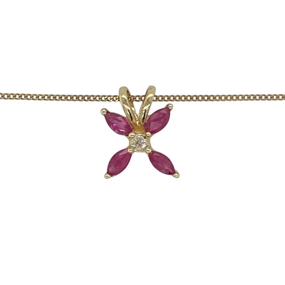 Add a touch of elegance and symbolism to your jewellery collection with this pre-owned 9ct yellow gold diamond and ruby butterfly pendant necklace. Featuring sparkling diamonds and vibrant rubies within a delicate butterfly design, this charming necklace is perfect for everyday wear or as a meaningful gift.

Design: The pendant showcases a beautifully detailed butterfly motif, symbolising transformation, beauty, and new beginnings.