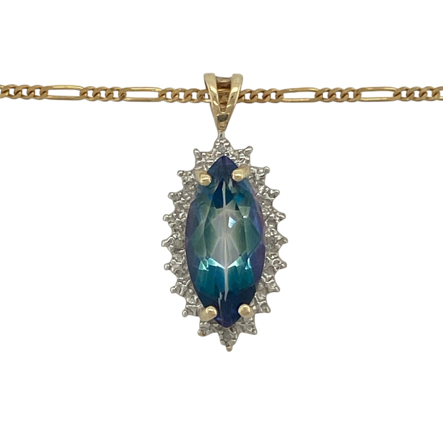 Add vibrant colour and eye-catching sparkle to your jewellery collection with this pre-owned 9ct yellow gold diamond and mystic topaz cluster pendant necklace. Featuring a striking marquise-cut mystic topaz surrounded by sparkling diamonds, this elegant necklace is perfect for making a statement on any occasion.

Design: The pendant showcases a stunning marquise-shaped mystic topaz measuring approximately 15mm by 7mm, displaying an array of captivating colours that change beautifully in different lighting.
