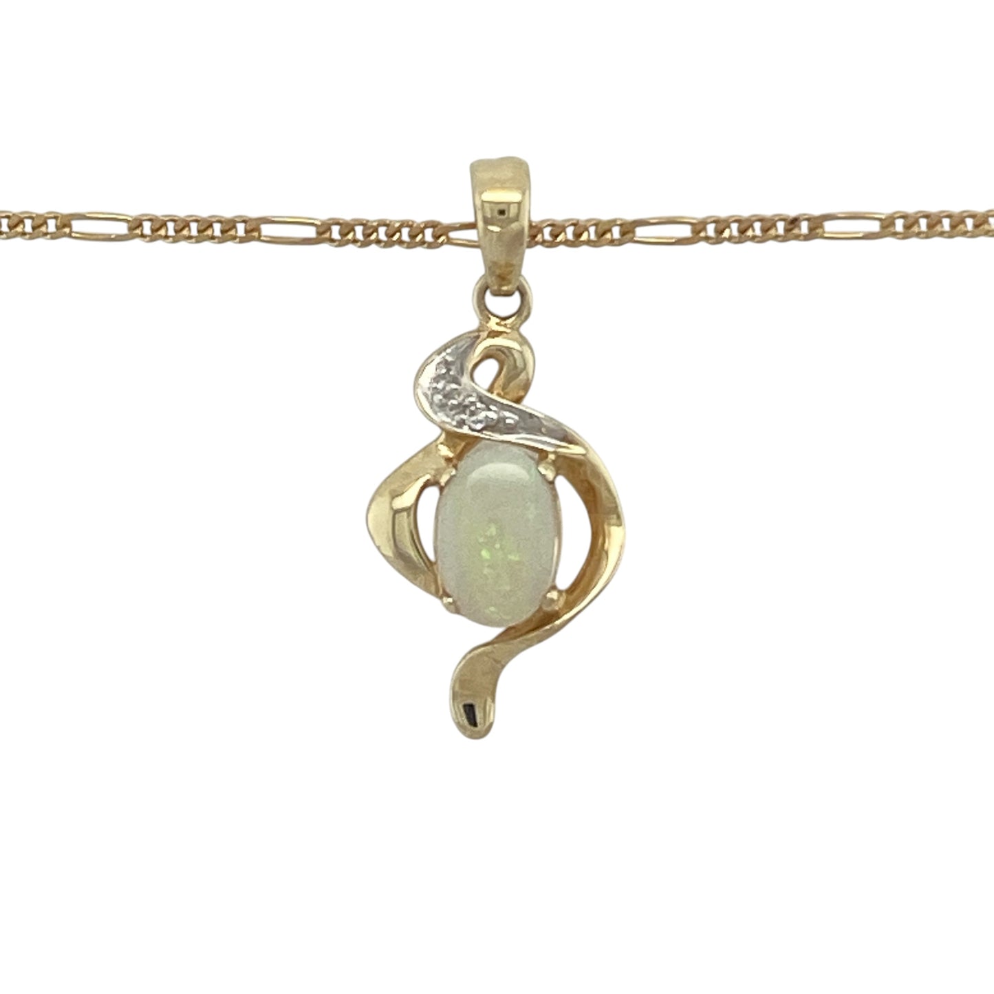 Add timeless elegance and iridescent beauty to your jewellery collection with this pre-owned 9ct yellow gold diamond and opal swirl pendant necklace. Featuring a captivating opal accented by sparkling diamonds within a graceful swirl design, this beautiful necklace is perfect for both everyday wear and special occasions.

Design: The pendant showcases an elegant swirl motif centred around a stunning opal, displaying the enchanting play of colour for which this gemstone is renowned.