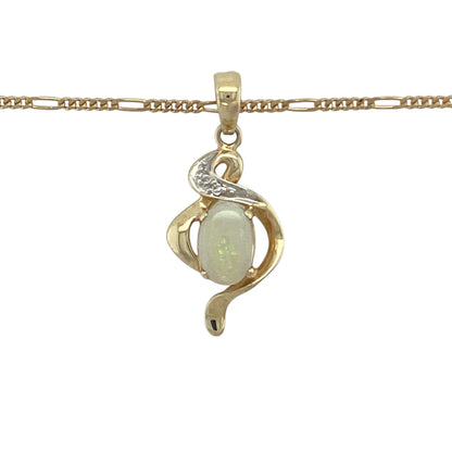 Add timeless elegance and iridescent beauty to your jewellery collection with this pre-owned 9ct yellow gold diamond and opal swirl pendant necklace. Featuring a captivating opal accented by sparkling diamonds within a graceful swirl design, this beautiful necklace is perfect for both everyday wear and special occasions.

Design: The pendant showcases an elegant swirl motif centred around a stunning opal, displaying the enchanting play of colour for which this gemstone is renowned.